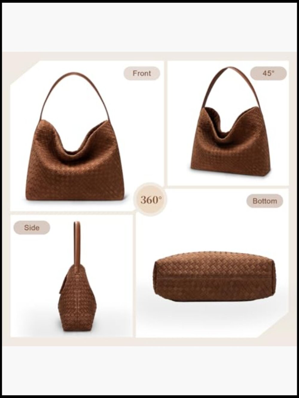 Slouchy Woven Hobo Bag Elegant Faux Suede Shoulder Tote Work Travel - Picture 7 of 7